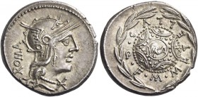 M. Caecilius Q.f. Q.n. Metellus. Denarius 127, AR 3.93 g. Helmeted head of Roma r., with star on flap; behind, ROMA upwards and below chin, *. Rev. M·...