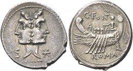 C. Fonteius. Denarius 114 or 113, AR 3.92 g. Laureate Janiform head of Dioscuri; on one side, S and on the other, *. Rev. Galley l.; above C·FONT. Bel...