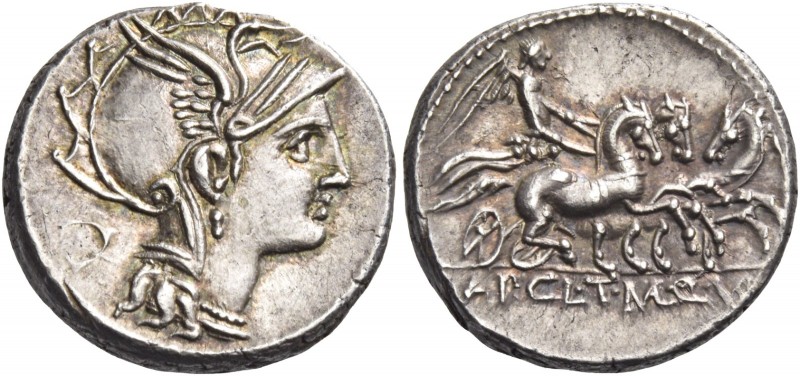 Appius Claudius Pulcher, T Manlius Mancinus and Q. Urbinius. Denarius 111 or 110...