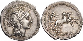 C. Claudius Pulcher. Denarius 110 or 109, AR 3.91 g. Helmeted head of Roma r., bowl decorated with annulet. Rev. Victory in biga r.; in exergue, C·PVL...