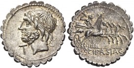 L. Cornelius Scipius Asiaticus. Denarius serratus 106, AR 3.88 g. Laureate head of Jupiter l., before, T. Rev. Jupiter in fast quadriga r., holding sc...