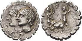 C. Sulpicius C.f. Galba. Denarius serratus 106, AR 4.01 g. D·P·P Jugate, laureate heads of Di Penates l. Rev. Two soldiers standing facing each other,...