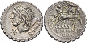 L. Memmius Galeria. Denarius serratus 106, AR 3.95 g. Laureate head of Saturn l.; behind, harpa and ROMA. Below chin, ·K. Rev. Venus in biga r., holdi...