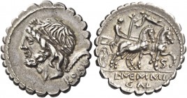 L. Memmius Galeria. Denarius serratus 106, AR 3.97 g. Laureate head of Saturn l.; behind, harpa and ROMA. Rev. Venus in biga r., holding sceptre and r...