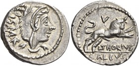 L. Thorius Balbus. Denarius 105, AR 3.87 g. Head of Juno Sospita r., wearing goats skin headdress; behind, I.S·M·R. Rev. Bull butting r.; above, V and...