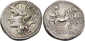 L. Appuleius Saturninus. Denarius 104, AR 3.88 g. Helmeted head of Roma l. Rev. Saturn in quadriga r., holding reins and harpa; below horses, E. In ex...