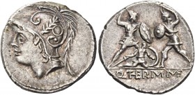 Q. Minucius M. f. Ter. Denarius 103, AR 3.94 g. Helmeted head of Mars l. with branch and annulet on bowl. Rev. Roman soldier fighting enemy in protect...