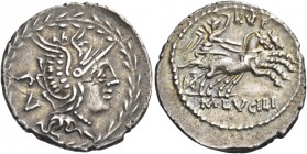 M. Lucilius Rufus. Denarius 101, AR 3.97 g. Helmeted head of Roma r.; behind, PV. All within laurel wreath. Rev. RVF Victory in biga r., holding reins...