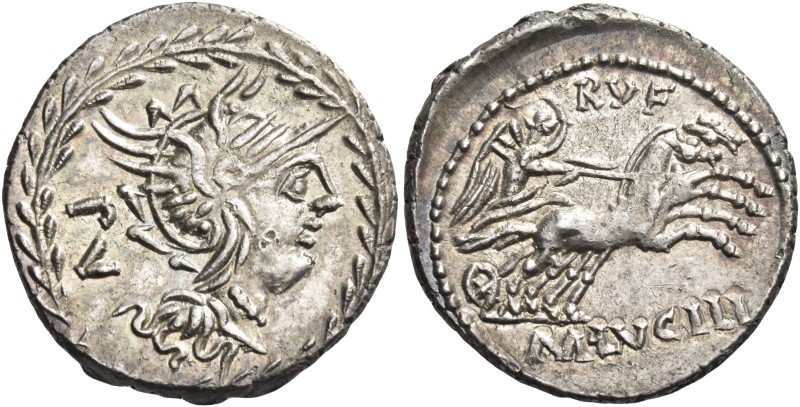 M. Lucilius Rufus. Denarius 101, AR 3.90 g. Helmeted head of Roma r.; behind, PV...