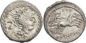 M. Lucilius Rufus. Denarius 101, AR 3.90 g. Helmeted head of Roma r.; behind, PV. All within laurel wreath. Rev. RVF Victory in biga r., holding reins...