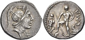 C. Publicius Malleolus, A. Postumius Sp. f. Albinus and L. Metellus. Denarius 96 (?), AR 4.01 g. Helmeted head of Mars r.; above, hammer and below chi...