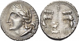 The Bellum Sociale. Denarius, Corfinium circa 90, AR 3.76 g. Laureate head of Italia l.; behind, ITALIA. Rev. Oath-taking scene: Eight soldiers, four ...