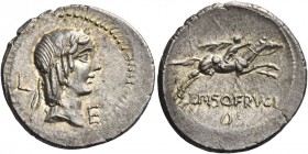 L. Piso Frugi. Denarius 90, AR 3.91 g. Laureate head of Apollo r.; behind, L and before, E. Rev. Horseman galloping r., holding palm-branch; below, L ...