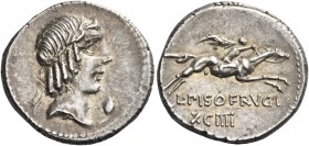 L. Piso Frugi. Denarius 90, AR 3.95 g. Laureate head of Apollo r.; before, symbol. Rev. Horseman galloping r., holding palm-branch; below, L PISO FRVG...