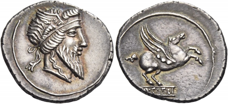 Q. Titius. Denarius 90, AR 4.09 g. Head of Mutinus Titinus r., wearing winged di...