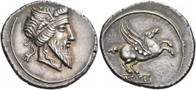 Q. Titius. Denarius 90, AR 4.09 g. Head of Mutinus Titinus r., wearing winged diadem. Rev. Pegasus prancing r.; below, Q·TITI in linear frame. Babelon...