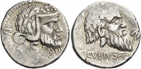 C. Vibius C. f. Pansa. Denarius 90, AR 3.55 g. PAN[SA] Ivy-wreathed mask of bearded Silenus r.; below, thyrsus tied with fillets. Rev. C·VIBIVS·C·F Ma...