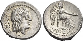 M. Cato. Quinarius 89, AR 2.25 g. M·CATO Ivy-wreathed head of Liber r.; below, F (?). Rev. Victory seated r., holding patera in r. hand and palm-branc...