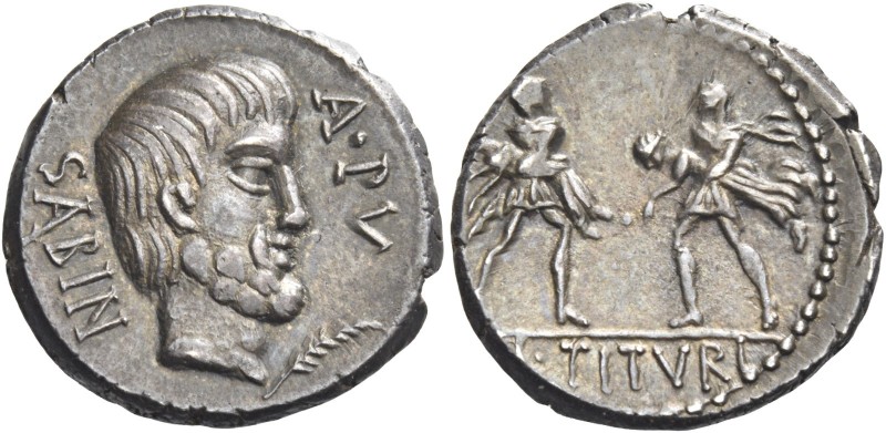 L. Tituri L.f. Sabinus. Denarius 89, AR 3.92 g. SABIN Head of King Tatius r.; be...