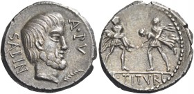 L. Tituri L.f. Sabinus. Denarius 89, AR 3.92 g. SABIN Head of King Tatius r.; below chin, palm branch and before, A·PV. Rev. Rape of the Sabine women;...