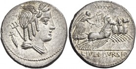 L. Iulius Bursio. Denarius 85, AR 3.90 g. Male head r., with the attributes of Apollo, Mercury and Neptune; behind, sword. Rev. Victory in quadriga r....