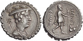 C. Mamilius Limetanus. Denarius serratus 82, AR 4.23 g. Draped bust of Mercury r., wearing winged petasus; caduceus over l. shoulder.; above, M. Rev. ...