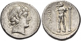 L. Marcius Censorinus. Denarius 82, AR 4.06 g. Laureate head of Apollo r. Rev. L·CENSOR Marsyas walking l. with r. arm raised and holding wine-skin ov...