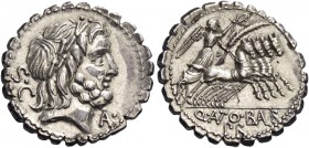 Q. Antonius Balbus. Denarius serratus 83-82, AR 4.01 g. Laureate head of Jupiter r.; behind, S·C and below chin, A·. Rev. Victory in quadriga r., hold...