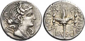 C. Valerius Flaccus. Denarius 82, AR 4.10 g. Draped bust of Victory r.; behind, E. Rev. C·VAL·FLA – IMPERAT Legionary eagle between two standards insc...