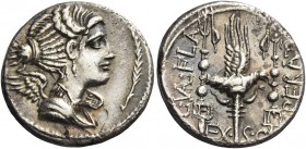 C. Valerius Flaccus. Denarius 82, AR 3.81 g. Draped bust of Victory r.; before, palm branch. Rev. C·VAL·FLA – IMPERAT Legionary eagle between two stan...