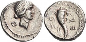 Q. Caecilius Metellus Pius. Denarius, uncertain mint 81, AR 3.87 g. Diademed head of Venus r.; behind, D. Rev. EX – S·C Cornucopia; all within wreath....