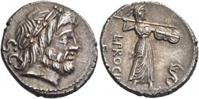 L. Procilius. Denarius 80, AR 3.60 g. Laureate head of Jupiter r.; behind, S·C. Rev. L·PROCI[LI] / F Juno Sospita standing r., holding shield and hurl...