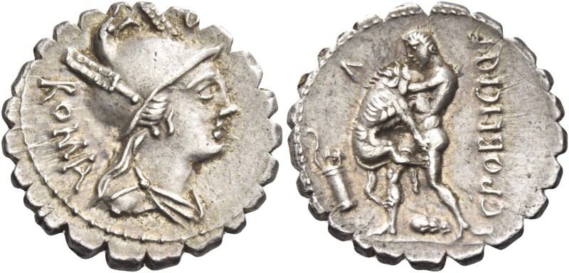 C. Poblicius Q. f. Denarius serratus, Roma 80, AR 3.93 g. Helmeted and draped bu...