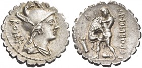 C. Poblicius Q. f. Denarius serratus, Roma 80, AR 3.93 g. Helmeted and draped bust of Roma r., wearing Phrygian helmet; behind, ROMA and above, P. Rev...