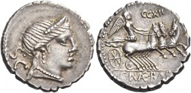 C. Naevius Balbus. Denarius serratus 80, AR 3.90 g. Diademed head of Venus r.; behind, S·C. Rev. Victory in prancing triga r.; above, CCXII and in exe...