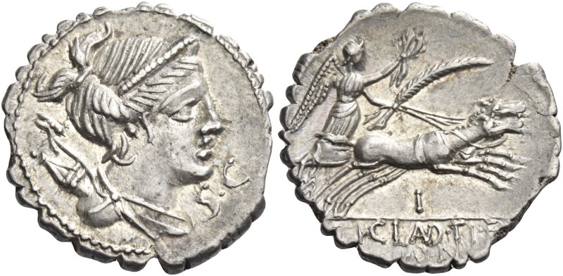 T. Claudius Nero. Denarius serratus 79, AR 3.83 g. Draped bust of Diana r., with...