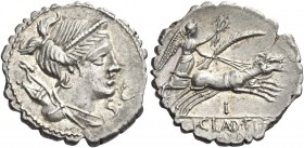 T. Claudius Nero. Denarius serratus 79, AR 3.83 g. Draped bust of Diana r., with bow and quiver over shoulder; before chin, S.C. Rev. Victory in pranc...