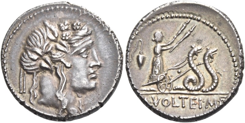 M. Volteius M.f. Denarius 78, AR 3.93 g. Head of Liber r., wearing ivy-wreath. R...