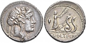 M. Volteius M.f. Denarius 78, AR 3.93 g. Head of Liber r., wearing ivy-wreath. Rev. Ceres in biga of snakes r., holding torch in each hand; behind, pl...