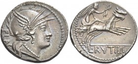 L. Rutilius Flaccus. Denarius 77, AR 3.73 g. FLAC Helmeted head of Roma r. Rev. Victory in biga r., holding reins and wreath; in exergue, L·RVTILI. Ba...