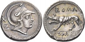 P. Satrienus. Plated denarius 77, AR 3.16 g. Helmeted head of Roma r.; behind, X[T upside down]V. Rev. ROMA She wolf l., r. forepaw raised; in exergue...