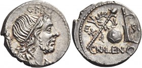 Cn. Cornelius Lentulus. Denarius, Spain (?) 76-75, AR 4.02 g. Draped bust of the Genius Populi Romani r., hair tied with band and sceptre over shoulde...