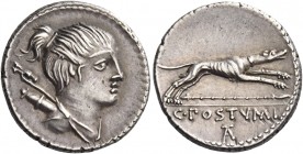 C. Postumius. Denarius 74, AR 3.70 g. Draped bust of Diana r., with bow and quiver over shoulder. Rev. Hound running r.; below, spear and in exergue, ...