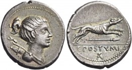 C. Postumius. Denarius 74, AR 3.79 g. Draped bust of Diana r., with bow and quiver over shoulder. Rev. Hound running r.; below, spear and in exergue, ...