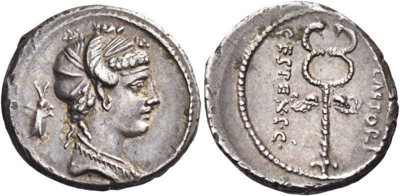 M. Plaetorius M. f. Cestianus. Denarius 69, AR 3.90 g. Draped female bust r., ha...