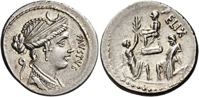 Faustus Cornelius Sulla. Denarius 56, AR 3.95 g. FAVSTVS Diademed and draped bus...