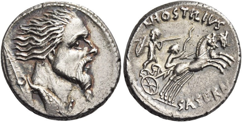 L. Hostilius Saserna. Denarius 48, AR 4.10 g. Bearded male head r.; behind, Gall...