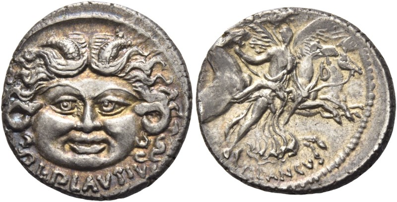 L. Plautius Plancus. Denarius 47, AR 3.88 g. Head of Medusa facing with dishevel...