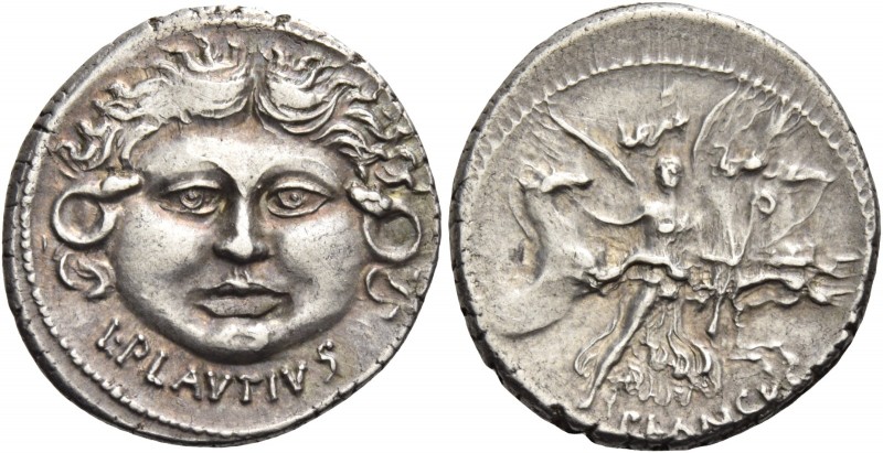 L. Plautius Plancus. Denarius 47, AR 3.97 g. Head of Medusa facing; with coiled ...