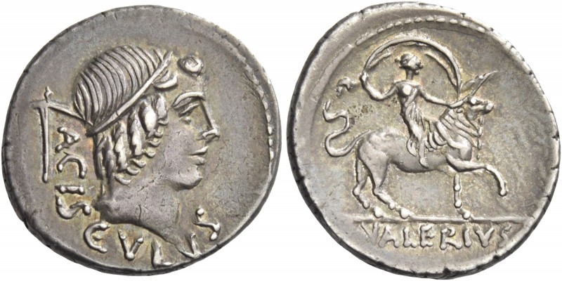 L. Valerius Acisculus. Denarius 45, AR 3.70 g. ACISCVLVS Head of Apollo r., hair...